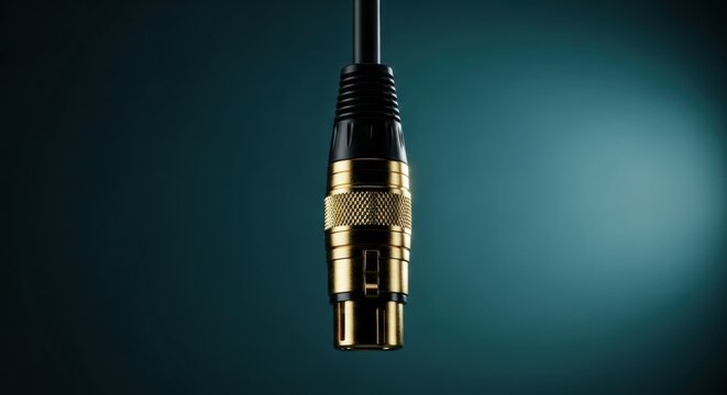 Gold plated XLR audio connector close up. Professional sound equipment for music production. High fidelity signal transmission. Premium studio gear with detailed macro view