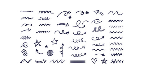 Monochrome marker pen style doodle lines underlines and curly arrows for graphic design