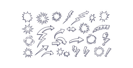 Dynamic comic style graphic elements set featuring starbursts energy lines and emphasis marks