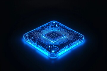 Futuristic glowing blue microchip on dark background