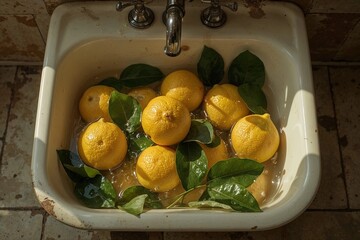 Fresh lemons with green leaves floating in water under sunlight
