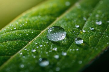 Macro of water droplets on green leaf with natural light