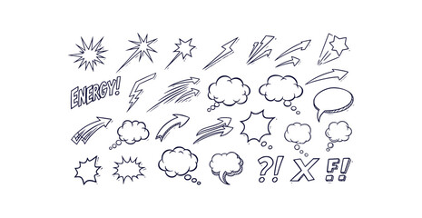 Dynamic comic book style graphic elements set with starbursts energy lines and arrows