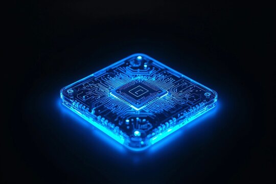 Futuristic glowing blue microchip on dark background