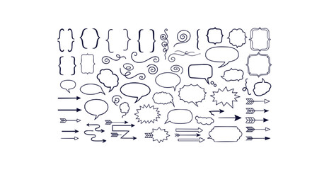 Collection of hand drawn decorative elements including frames brackets speech bubbles and arrows