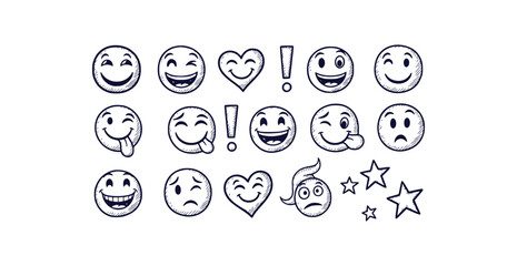 Doodle style emoji and icon collection with expressive faces hearts stars and punctuation marks