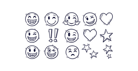 Doodle style emoji icon pack featuring smile faces hearts exclamation marks and stars in outline comic sketch design