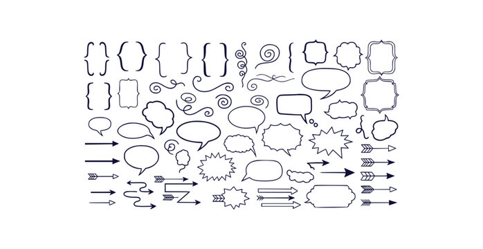Collection of hand drawn decorative elements including frames brackets speech bubbles and arrows