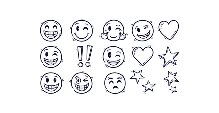 Doodle style emoji icon pack featuring smile faces hearts exclamation marks and stars in outline comic sketch design