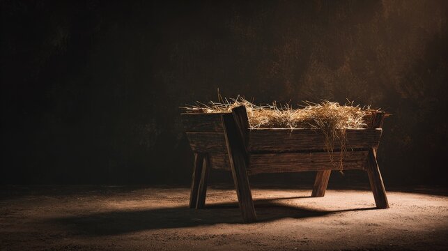 A humble manger filled with straw sits in a dimly lit stable. The scene evokes a sense of serenity and faith. ..Created with Generative AI, not depicting real subjects.