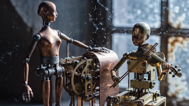 Two stylized figures, one with a violin, stand near gears in a workshop. A creative studio shot filled with mystery and artistry. Automation, mechanical, steampunk.