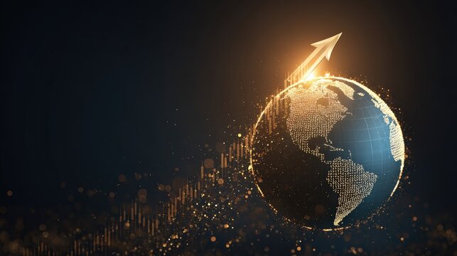 A digital globe with an upward arrow symbolizes global growth, innovation and progress with the radiant light. ..Created with Generative AI, not depicting real subjects.