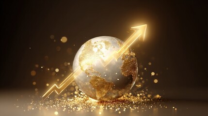 A glowing globe is intertwined by a rising arrow, against a gradient background, representing global growth. ..Created with Generative AI, not depicting real subjects.