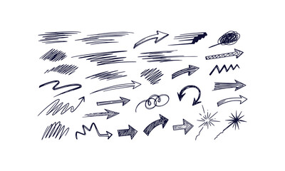 Hand drawn marker doodles set featuring motion lines scribbles arrows and sparks