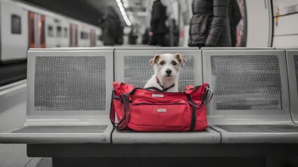A cute white and brown dog peeks out from a red duffel bag on a subway bench, capturing a moment of travel. The bustling metro station and passengers add a lively urban vibe