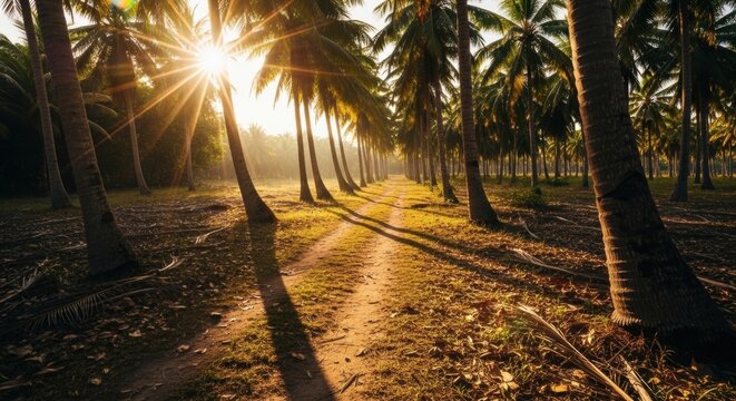 Scenic pathway through a tropical palm tree grove at sunrise. Golden sunlight creating a beautiful lens flare. Ecotourism and travel destination concept. Journey on a rural dirt road - Powered by Adobe