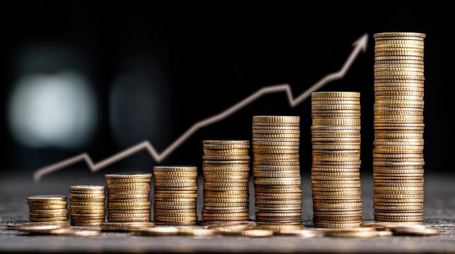 Stacks of golden coins ascend, mirroring a rising graph line, in a compelling visual representation of financial growth and prosperity. ..Created with Generative AI, not depicting real subjects.
