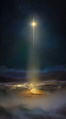 Obraz premium A celestial star illuminates the night sky, casting a radiant beam down through the clouds, evoking feelings of wonder and celestial beauty. ..Created with Generative AI, not depicting real subjects.