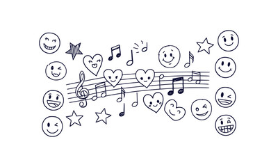Cute hand drawn doodle elements for kids including hearts music notes stars and smiley faces