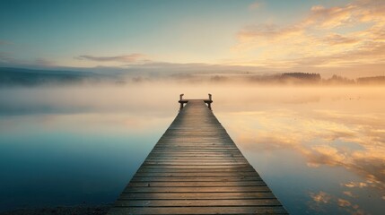 Early morning light creates a serene scene at the lake, featuring a long wooden dock leading into the calm, mist-covered water, surrounded by soft pastel colors of the sky.