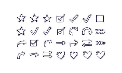 Black outline doodle elements for planners including stars check marks arrows and hearts