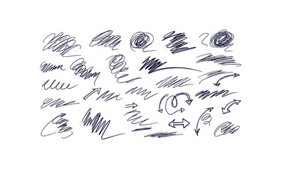 Messy hand drawn line art doodle pack with swirls highlights underlines and arrows