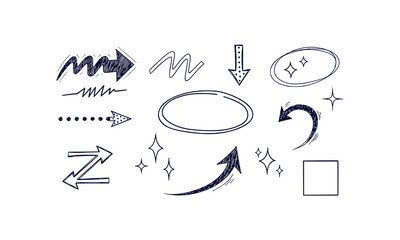 Hand drawn black ink line art doodle stickers for social media including arrows and sparkle accents