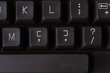 Old computer keycaps with punctuation marks in macro view. Ideal for retro tech branding, interface illustrations, and educational content.
