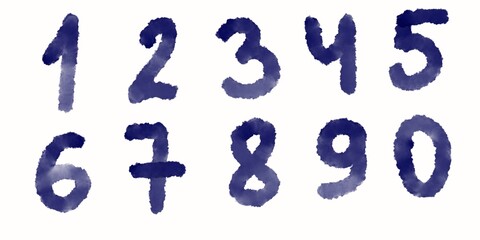 Blue watercolour number set from 1 to 0. Hand painted watercolour drawing on white background.
