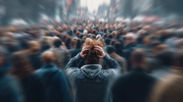 In a busy urban area, a person stands with hands on their head, surrounded by a sea of people. The atmosphere feels hectic and chaotic as the crowd moves in various directions.