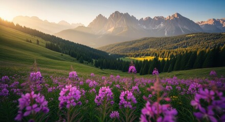 Idyllic alpine meadow with blooming purple flowers. Scenic mountain range at sunrise. Peaceful nature retreat for travel and tourism. Serene wilderness for exploration and discovery