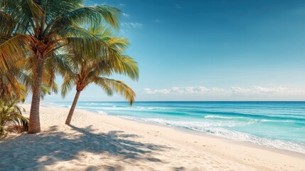 Obraz premium A serene beach with golden sand and tall palm trees swaying in the breeze. The clear blue ocean expands to the horizon under a bright sky on a pleasant day.