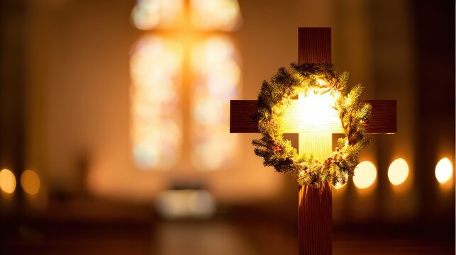 A warmly lit cross, adorned with a festive wreath, stands in a solemn church interior, casting a warm glow, evoking feelings of faith, hope. ..Created with Generative AI, not depicting real subjects. - Powered by Adobe