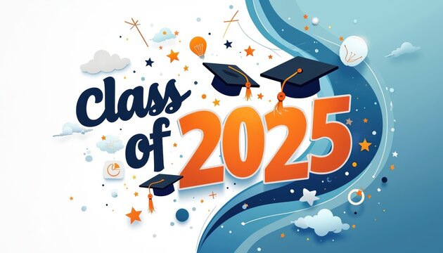 Class of 2025 graduation concept design. Modern celebratory graphic. Caps stars, lights decorate artwork. Design academic achievement, future success. Perfect for announcements posters invitations