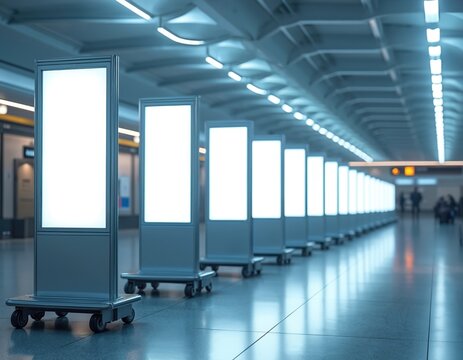 Line of bright blank digital advertising screens in modern airport terminal. Empty display panels for messages or ads. Rows of commercial illuminated signs in public transport hub. - Powered by Adobe