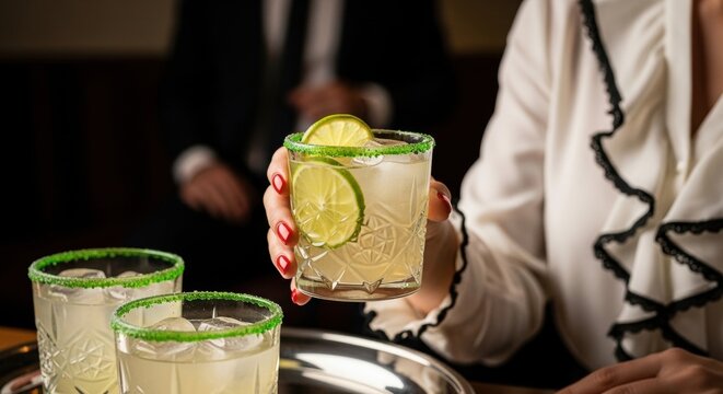 Elegant female holding a refreshing margarita cocktail with a green salt rim. Sophisticated nightlife celebration at a luxury bar. Serving signature drinks for a corporate event or party