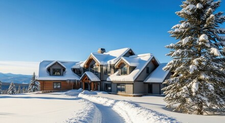 Luxury mountain home in a winter wonderland. Modern rustic chalet architecture with snow covered roof. Exclusive real estate property for upscale living. Ski resort vacation rental