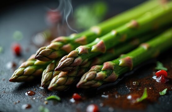 Fresh green asparagus spears steam gently. They lie on dark surface with water droplets and red peppercorns. Ready for cooking, healthy food prep.