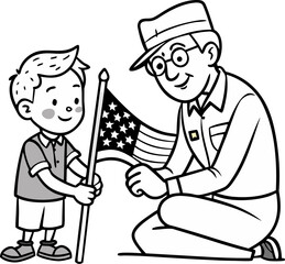   Veteran and grandchild painting flag together, cute vector, Vector line art icon, Black And White  white background
