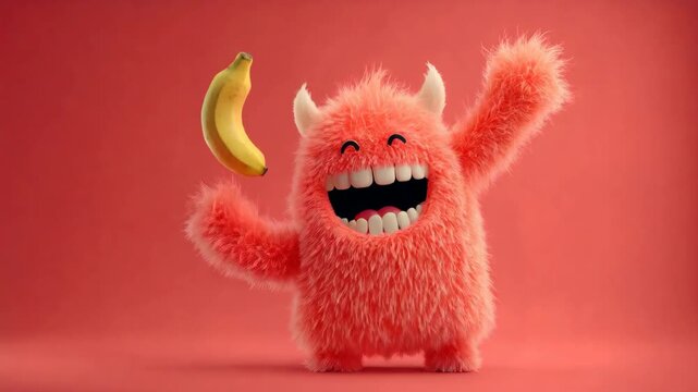 Cute furry monster cartoon dancing and smiling with banana showing its funny expressive emotion. Adorable character for child entertainment.