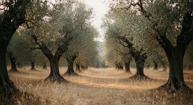 Ancient olive grove with gnarled trees in a rural orchard. Mediterranean agriculture for organic olive oil production. Sustainable farming landscape at golden hour sunset