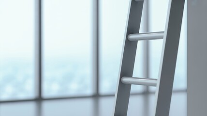 Career Growth, Ambition Concept. bottom rungs of a clean, modern ladder leaning against a blurred office wall or window. Represents career growth, ambition, and the path to success. Ample copy space