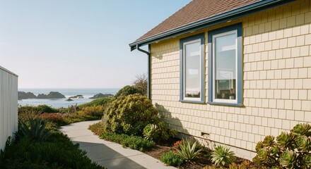 Fototapeta premium Coastal home exterior with yellow shingle siding. Seaside property with a succulent garden path. Real estate investment and vacation rental concept. Peaceful coastal living