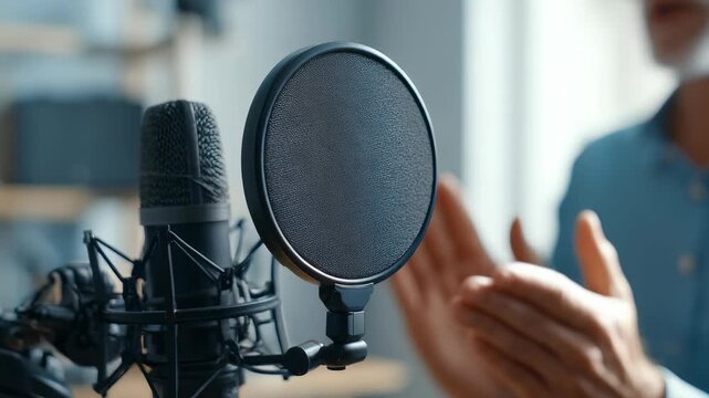 Close up of a high quality microphone and pop filter, capturing the essence of modern audio production. The blurred person clapping adds a dynamic, creative atmosphere to the scene