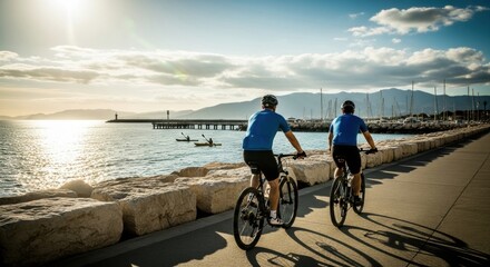 Two male friends cycling on a seaside promenade. Active lifestyle and fitness training. Scenic coastal route for summer vacation. Outdoor recreation and healthy living concept