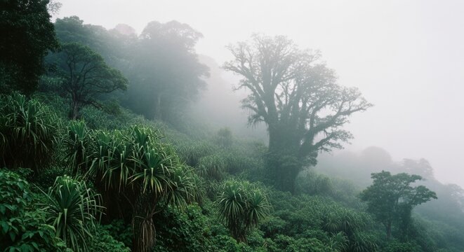 Lush jungle hillside in dense morning mist. Mysterious tropical rainforest scenery. Wild nature and untouched wilderness for travel and adventure. Environmental conservation concept