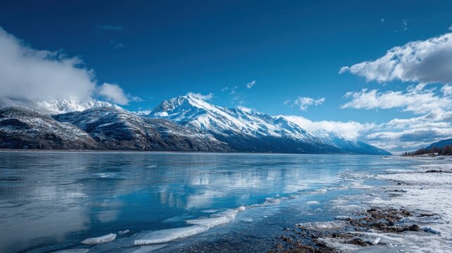 Snow-covered mountains rise majestically beside a tranquil lake, with clear blue skies and fluffy clouds above, creating a serene winter scene.