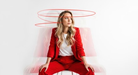 Young adult female experiencing vertigo and mental overload. Business stress and burnout concept with motion blur. Creative visualization of anxiety and overthinking. Corporate mental health awareness