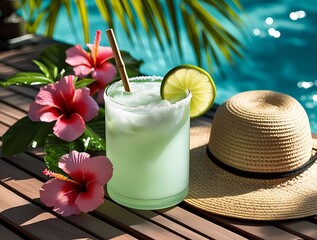 Tropical poolside cocktail with flowers and hat	
