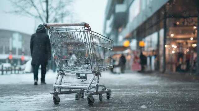 A single empty shopping cart is left outside in the snow near a bustling city mall, creating a sense of urban solitude. The wintry atmosphere highlights modern shopping habits